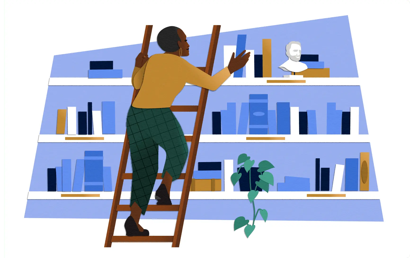 a woman climbing a ladder to reach books on a high shelf in a library, representing the many resources available in Move ONN’s Help Centre
